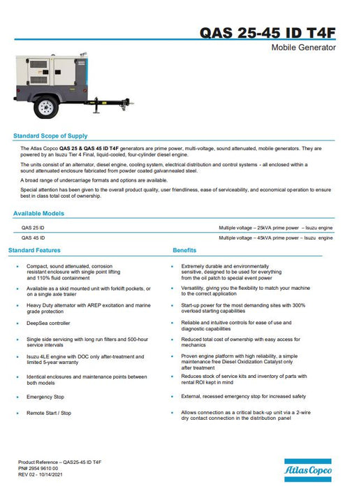20 KW Atlas Copco #QAS25-ID, diesel generator, trailer mounted, Isuzu Tier 4F, liquid cooled, 480 Volts, 30 - Image 2