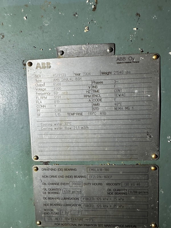 6500 HP 1791 RPM ABB, Frame 560L4L, TEWAC, 0.88 PF, 1.15 service factor, 4000 Volts - Image 1