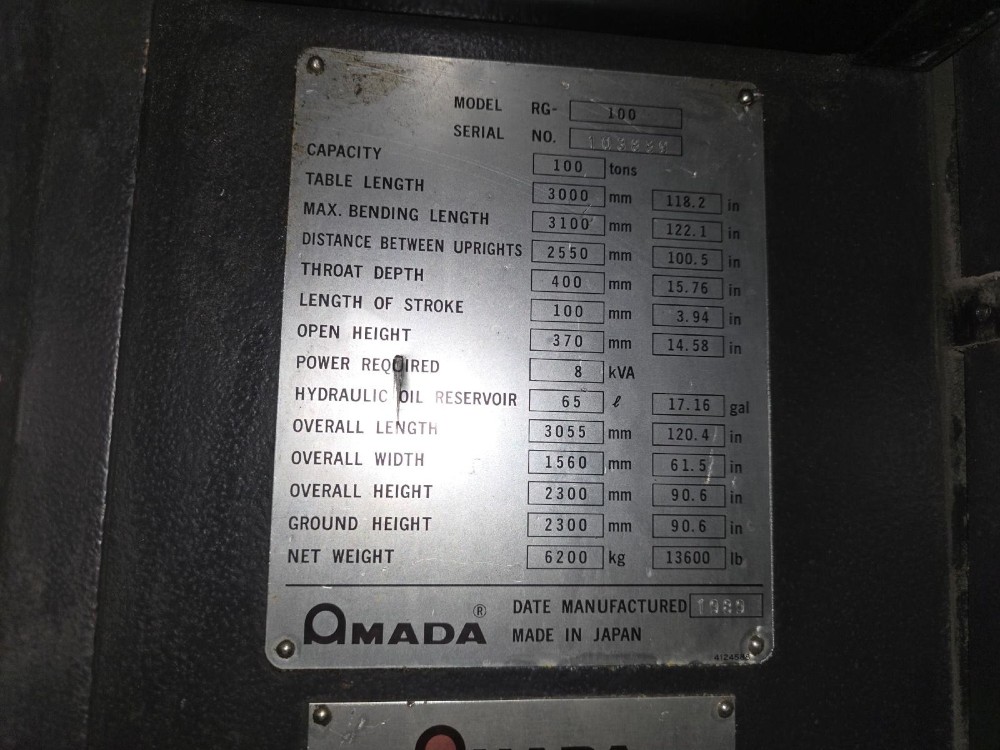 110 Ton, Amada #RG-100-30, 3-Axis, Amada NC9EXII control, 10.2'OA, 100.39" between housing, 2000 - Image 3
