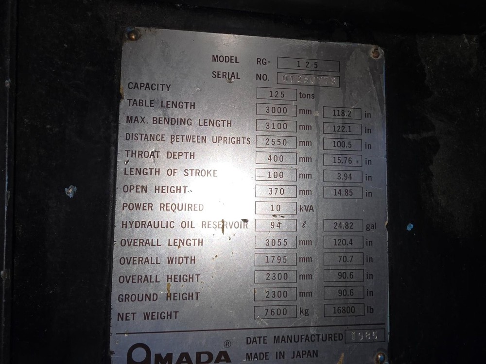 130 Ton, Amada #RG125-30, 3-Axis, Amada NC9EXII, 10.2' OA, 100.39" between housing, 1985 - Image 3
