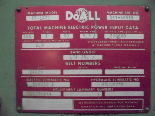 14" x 21" DoAll #TF-1421, band saw, 172" x 1" blade, 45° head tilt left & right, 105-275 FPM - Image 3