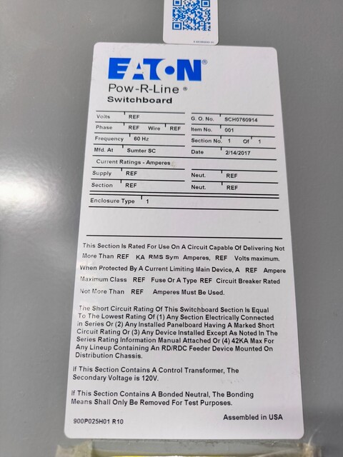 250 Amps, Eaton #PRL1A, Pow-R-Line Switchboard, Panel V48M28T7516M, Transformer KD3250, 2017 - Image 2