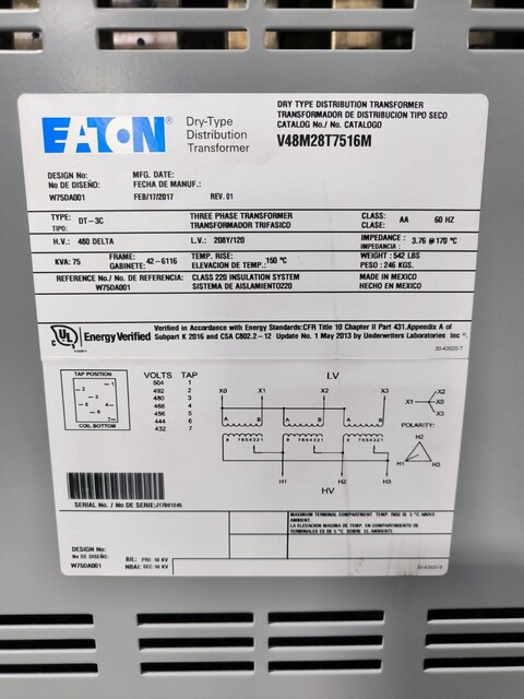 250 Amps, Eaton #PRL1A, Pow-R-Line Switchboard, Panel V48M28T7516M, Transformer KD3250, 2017 - Image 3