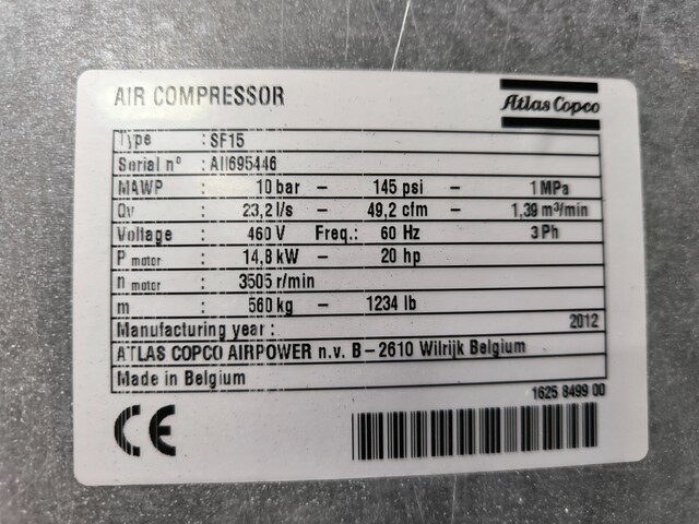 49 cfm, 145 psi, Atlas Copco #SF15, Oil Free Air Compressor, 10 bar, 14.8 kW, 20 Hp, 3505 RPM, 2012 - Image 2