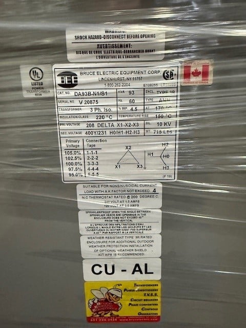 93 KVA 208 Delta Primary, 400Y/230 Secondary, Hammond, taps al Nema 1 - Image 1