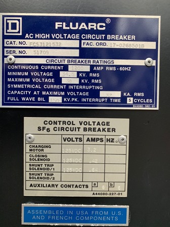 1200 Amp, SQUARE D, No. FLUARC SF6, 34500 Volts, CAT. #FCS3121532 - Image 2