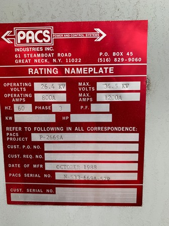 1200 Amp, SQUARE D, No. FLUARC SF6, 34500 Volts, CAT. #FCS3121532 - Image 3