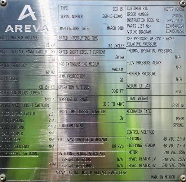 1200 Amp, AREVA, EOX-15, 15000 Volts, SUBSTATION VACUUM BREAKER - Image 1