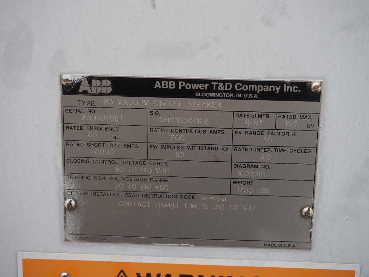 1200 Amp, ABB, R3, 15.5 KV, VACUUM, 125VDC C+T, 20kA SHORT - Image 1