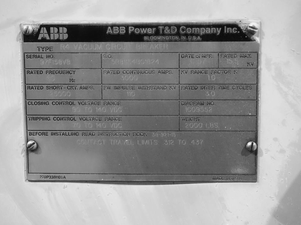 3000 Amp, ABB, R4, 15.5 KV, VACUUM, 125VDC C+T, 25kA SHORT - Image 1