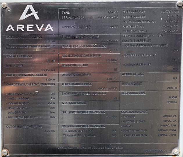 1200 Amp, AREVA, EOX-15, 15000 Volts, SUBSTATION VACUUM BREAKER - Image 2