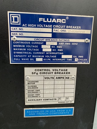 1200 Amp, SQUARE D, No. FLUARC SF6, 34500 Volts, CAT. #FCS3121532 - Image 3