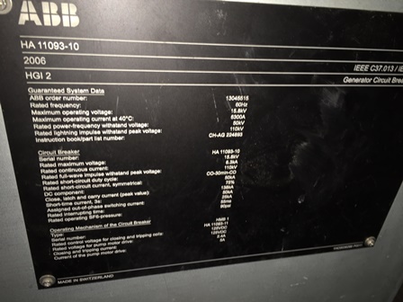 6300 Amp, ABB, HGI 2, 15.8 KV, INDOOR, GENERATOR BREAKER, SF6 - Image 3
