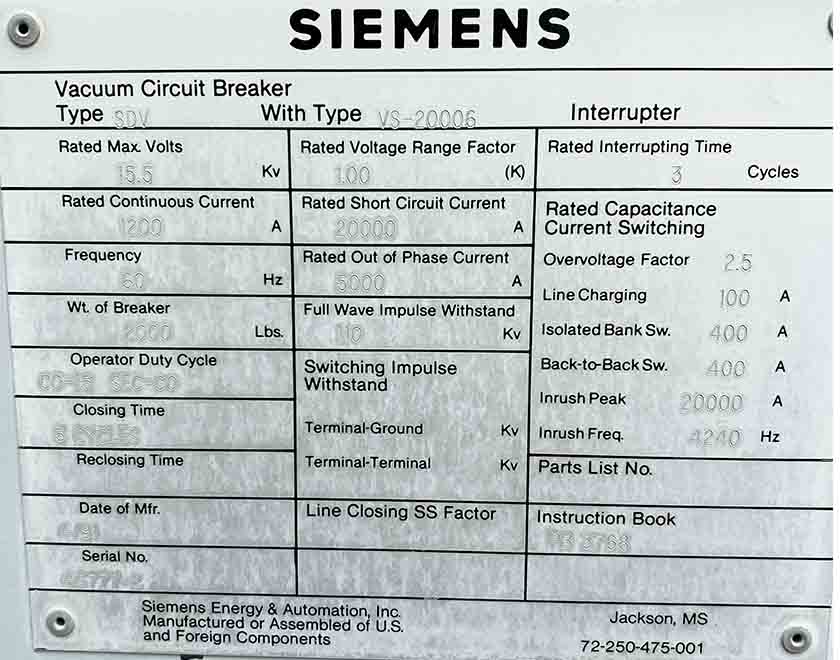 1200 Amp, SIEMENS, No. SDV, 15500 Volts, 125 CLOSE & TRIP, 240AC/250DC MOTOR - Image 2
