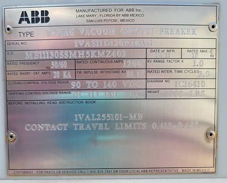 1200 Amp, ABB, No. RMAG, 15 KV, 20 KA, 125 VDC CLOSE & TRIP - Image 2