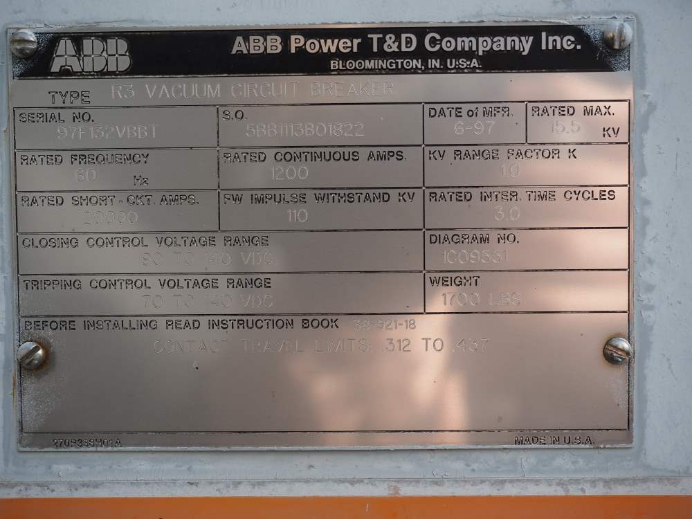 1200 Amp, ABB, R3, 15.5 KV, VACUUM, 125VDC C+T, 20kA SHORT - Image 1
