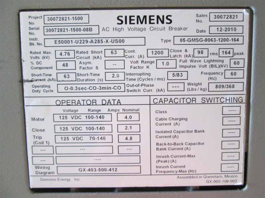 1200 Amp, SIEMENS, 05-GMSG-0063-1200-164, 4760 Volts, 2010, 125 VDC CL/TR/MOT - Image 2