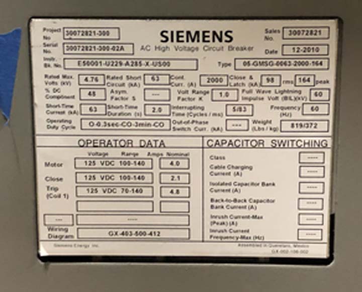 2000 Amp, SIEMENS, 05-GMSG-0063-2000-164, 4760 Volts, 2010, 125 VDC CL/TR/MOT - Image 2