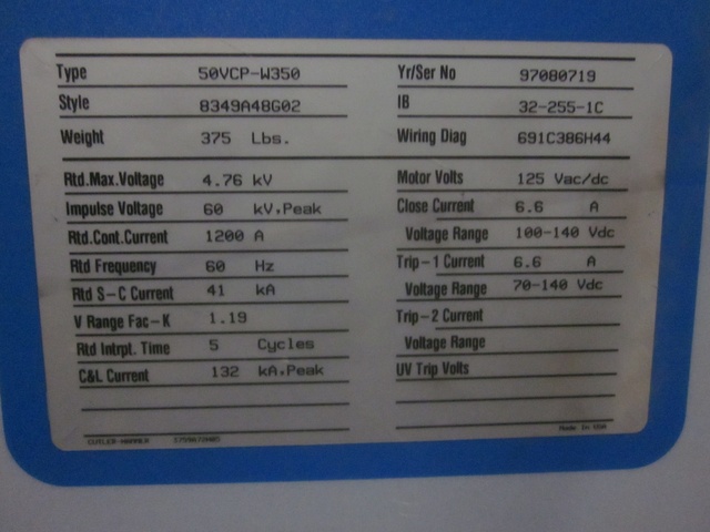 1200 Amp, CUTLER HAMMER, 50VCP-W-350, 4160 Volts, 1997, EO/DO, 125VDC C & T; - Image 1