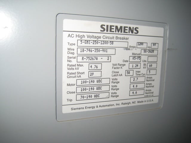1200 Amp, SIEMENS, 5GMI-250-1200-58, 5000 Volts - Image 1