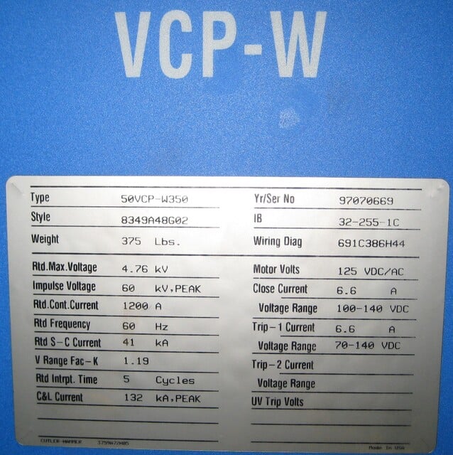 1200 Amp, CUTLER HAMMER, 50VCP-W-350, 5000 Volts, 1997, EO/DO, 125VDC C & T; - Image 1