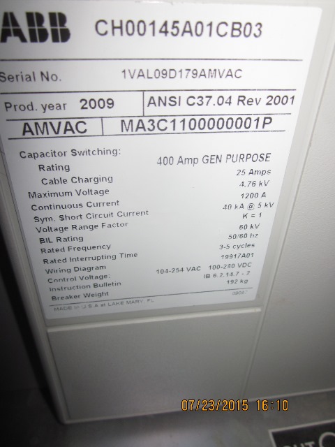 1200 Amp, ABB, AMVAC, 4160 Volts, 2009, ELECTRICALLY OPERATED, UNUSED:1 - Image 2