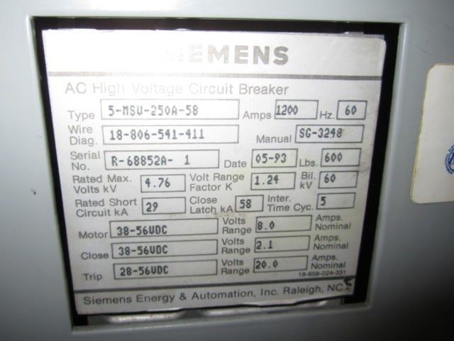 1200 Amp, SIEMENS, 5-MSV-250A-58, 4760 KV, 1994, VACUUM RETRO-FIT:1 - Image 6