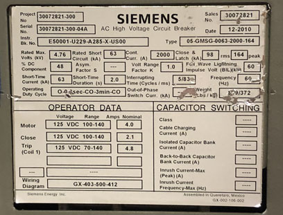 2000 Amp, SIEMENS, 05-GSMG-0063-2000-164, 4760 Volts, 2010, 125 VDC CL/TR/MOT - Image 3