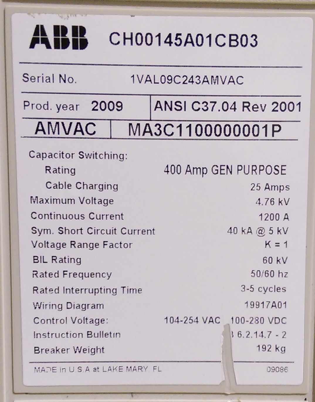 1200 Amp, ABB, AMVAC, 4160 Volts, 2009, ELECTRICALLY OPERATED, UNUSED:1 - Image 1