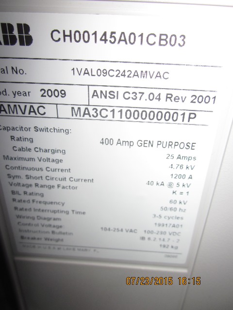 1200 Amp, ABB, AMVAC, 4160 Volts, 2009, ELECTRICALLY OPERATED, UNUSED:1 - Image 2