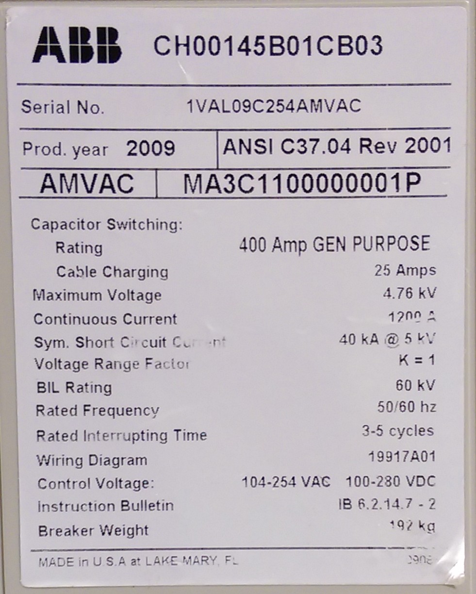 1200 Amp, ABB, AMVAC, 4160 Volts, 2009, ELECTRICALLY OPERATED, UNUSED:1 - Image 1