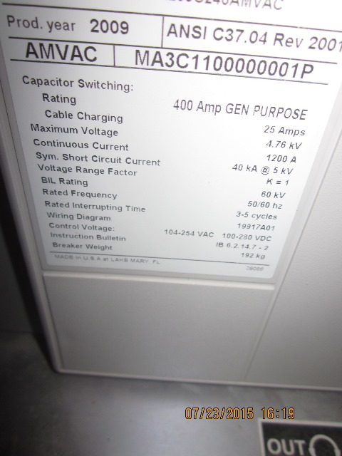 1200 Amp, ABB, AMVAC, 4760 Volts, 2009, ELECTRICALLY OPERATED, UNUSED:1 - Image 2