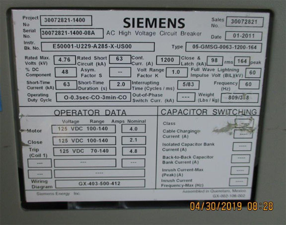 1200 Amp, SIEMENS, 05-GMSG-0063-1200-164, 4760 Volts, 2010, 125 VDC CL/TR/MOT - Image 2