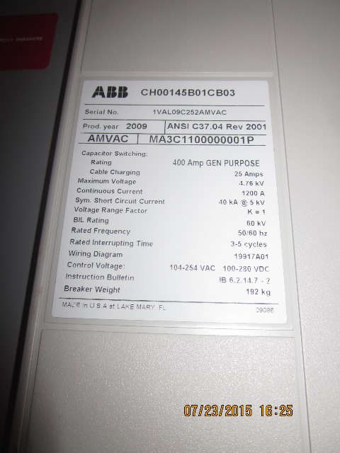 1200 Amp, ABB, AMVAC, 4160 Volts, 2009, ELECTRICALLY OPERATED, UNUSED:1 - Image 2