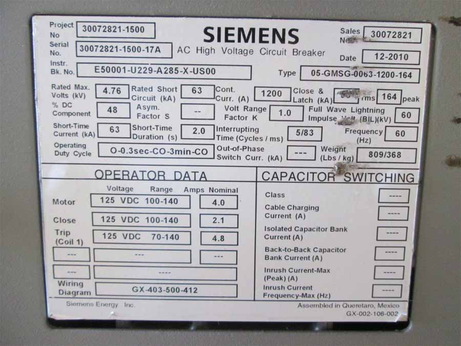 1200 Amp, SIEMENS, 05-GMSG-0063-1200-164, 4760 Volts, 2010, 125 VDC CL/TR/MOT - Image 2