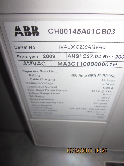 1200 Amp, ABB, AMVAC, 4160 Volts, 2009, ELECTRICALLY OPERATED, UNUSED:1 - Image 2