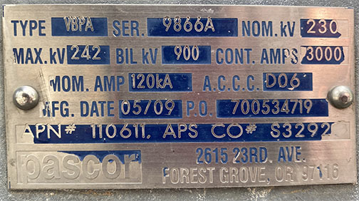 3000 Amp. PASCOR, VBPA, 242 KV, HORIZONTAL MOUNT, VERTICAL BREAK - Image 2