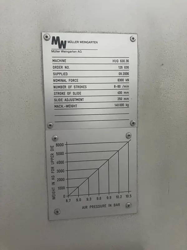 700 Ton, Muller Weingarten #630.36, transfer press, 15.75" stroke, 35.4" Shut Height, 9.8" adj., 8-60 SPM - Image 6