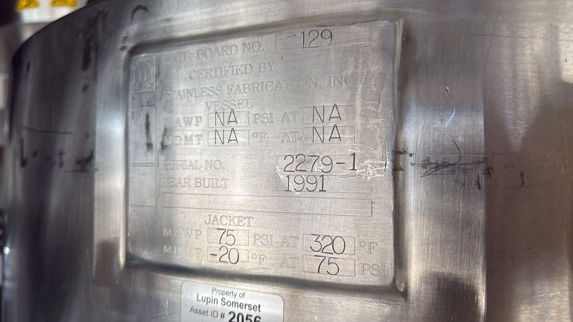 187 gallon DCI, Stainless steel jacketed tank, 75 psi, 1991 - Image 3