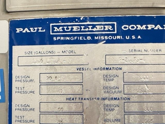 320 gallon Paul Mueller, Stainless steel jacketed tank, 50 psi, dished top & bottom, 1988 - Image 7