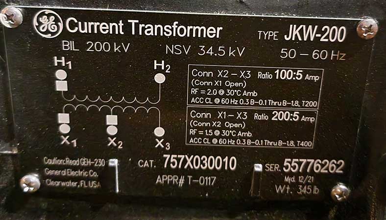 GENERAL ELECTRIC CT, 34500 V, 200/100:5, TYPE JKW-200, 757X030010 - Image 1