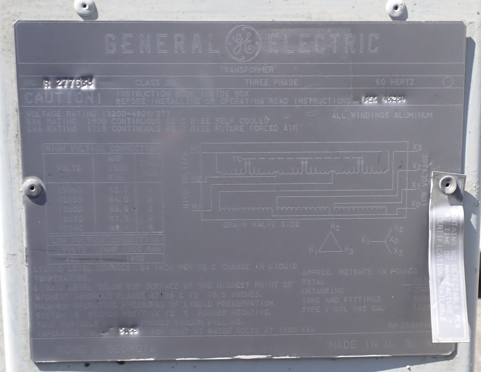 1500/1725 kVA, 13800 Delta Primary, 480/277 WYE Secondary, General Electric Substation - Image 1