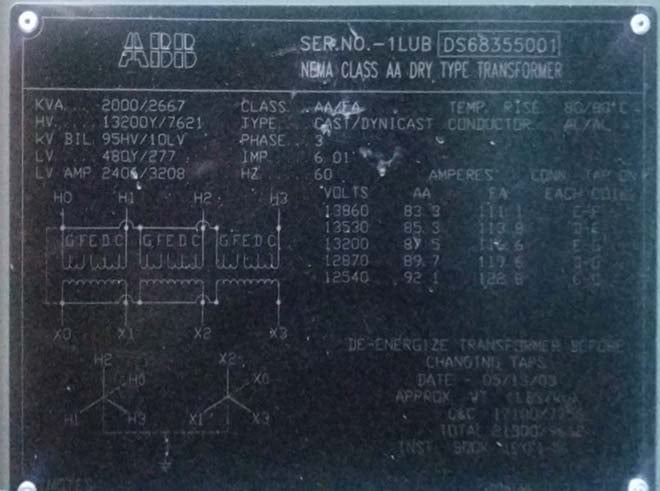 2000 kVA, 13200 WYE Primary, 480/277 WYE Secondary, ABB Dry Type - Image 1