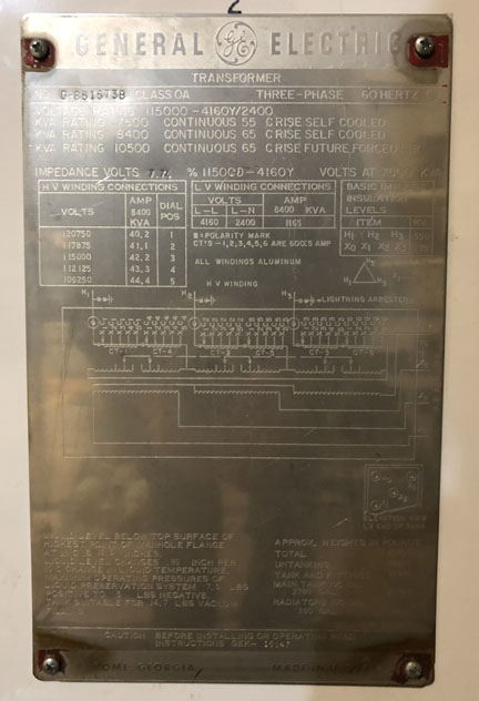 7500/8400/10500 kVA, 115000 Delta Primary, 4160/2400 WYE Secondary, General Electric Substation - Image 1