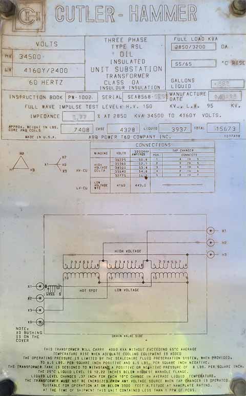 2850/3200 kVA, 34500 DELTA Primary, 4160/2400 WYE Secondary, CUTLER HAMMER Substation - Image 1