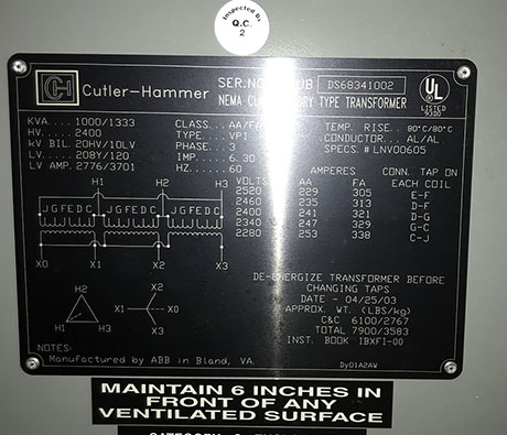 1000/1333 kVA, 2400 Delta Primary, 208/120 WYE Secondary, Cutler-hammer, VPI Dry Type - Image 1