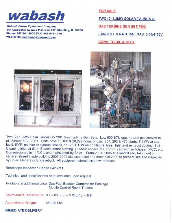 5200 KW Solar Taurus #60-7301, LFG & natural gas turbine generator set, 4160 Volts, 2001 (2 available) - Image 1