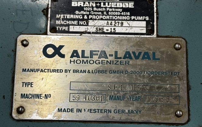 Alfa-Laval #SHL-15, Homogenizer, 1985 - Image 1