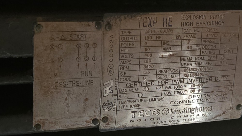 150 HP 3600 RPM Teco, Frame 445TS, 460 Volts - Image 1