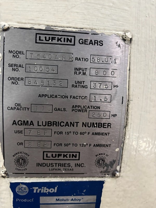 250 HP @ 900 RPM, Lufkin #T540AHH, gearbox reducer, 58.00 :1 ratio, 1.5 service factor - Image 10